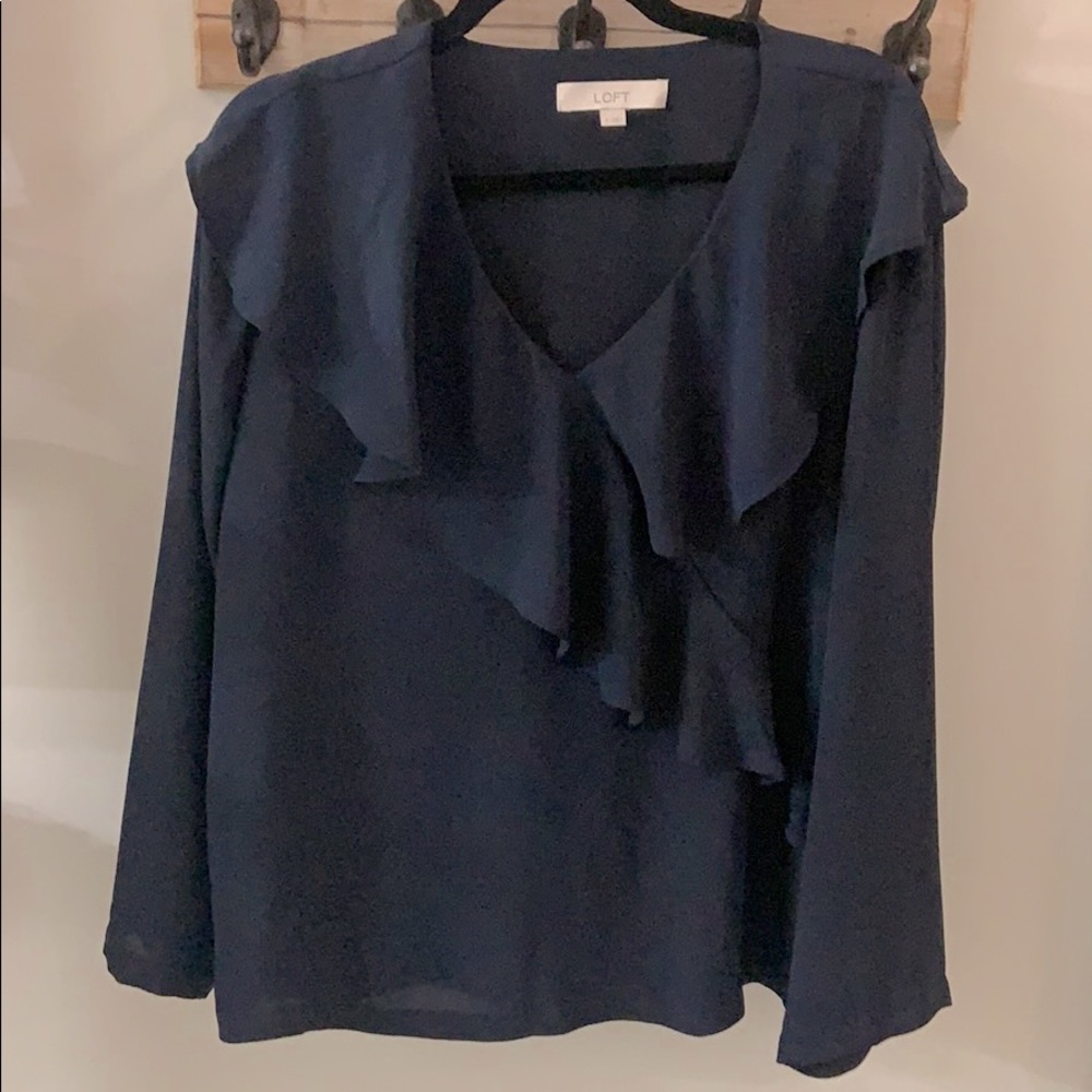 LOFT Navy Ruffle Blouse